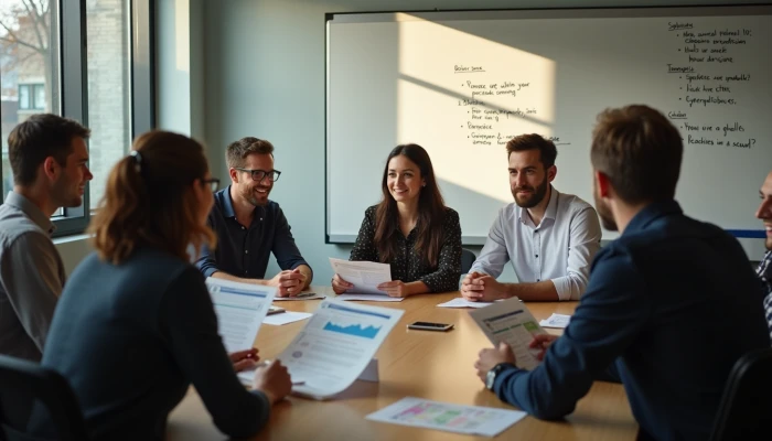 A small team discussing cybersecurity guides around a conference table