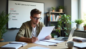 A small business owner reviewing a cybersecurity checklist in their office