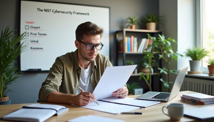 A small business owner reviewing a cybersecurity checklist in their office