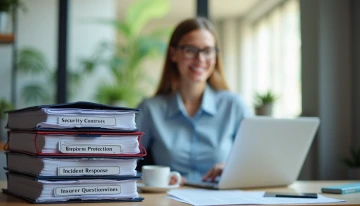 A small business owner preparing for a cyber insurance application at their office desk