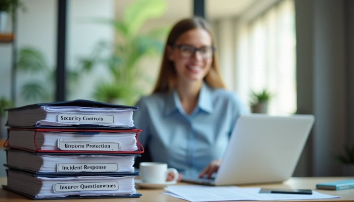 A small business owner preparing for a cyber insurance application at their office desk