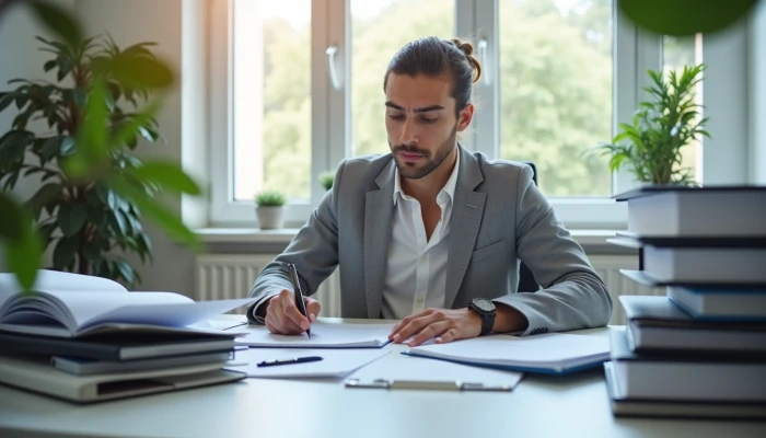 A small business owner reviewing documents at their desk