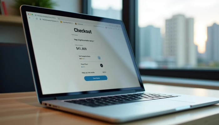 Laptop showing secure HTTPS checkout page on a desk in an office