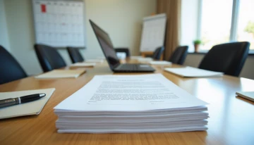 A conference table in an office setting with vendor contracts and a laptop