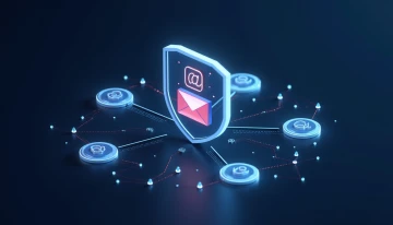 Abstract digital shields and network nodes surrounding an email icon, symbolizing email security and validation