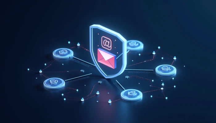 Abstract digital shields and network nodes surrounding an email icon, symbolizing email security and validation