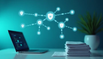 Abstract representation of email security configuration with network nodes, shields, and documents on a modern desk.