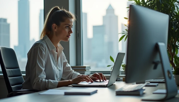 A small business owner sitting at a desk in an office