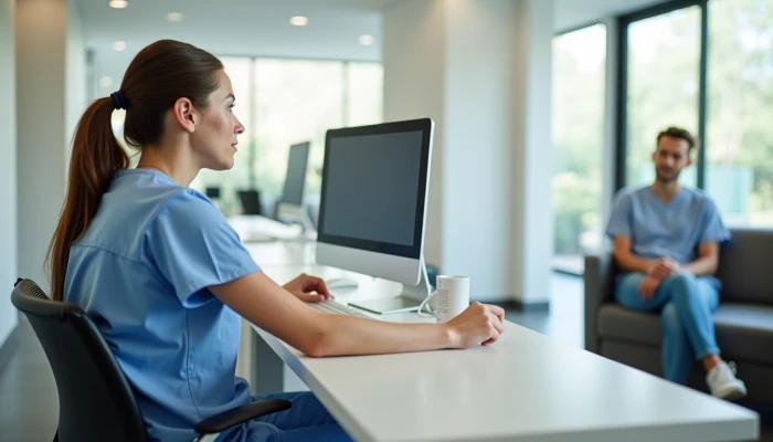 A nurse sitting at a desk in a healthcare clinic reception area