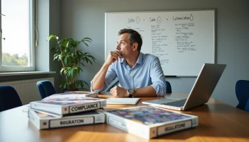 A small business owner studying documents and binders in a conference room