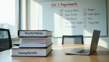 A conference table with security policy binders and a whiteboard listing SOC 2 requirements