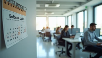 A modern office space with a calendar reminder for software updates