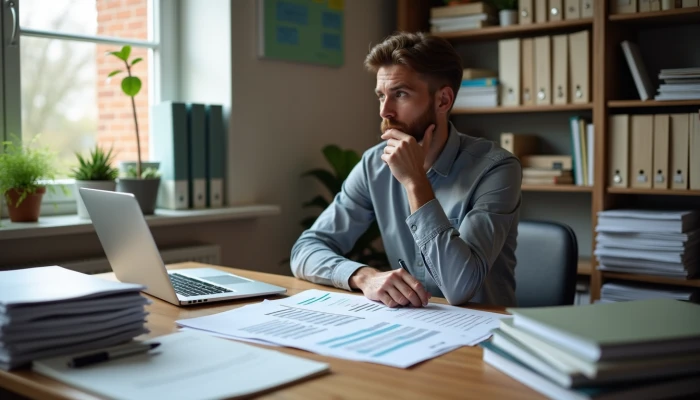 A small business owner reviewing a cybersecurity budget at their home office desk
