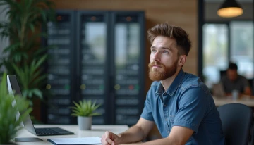 Small business owner in an office, considering data backup solutions