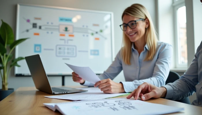 A small business owner reviewing vendor access documentation in an office
