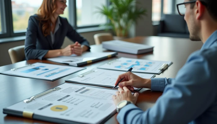 Small business owner and consultant discussing cybersecurity in a modern office