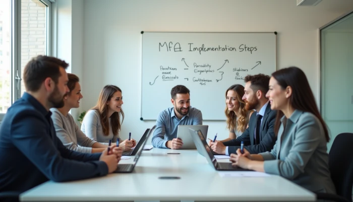 Small business team discussing MFA implementation during a meeting