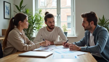 A small team discussing documents in a home office