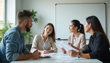 A small team discussing documents in an office conference room