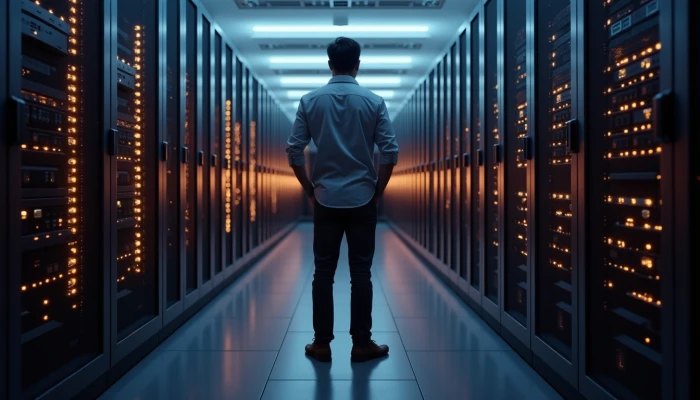 IT professional standing in a server room