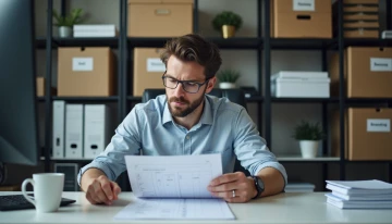A small business owner reviewing a backup testing log at their organized office desk