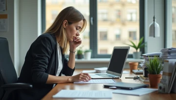A small business owner sitting at their desk with a closed laptop and a printed checklist