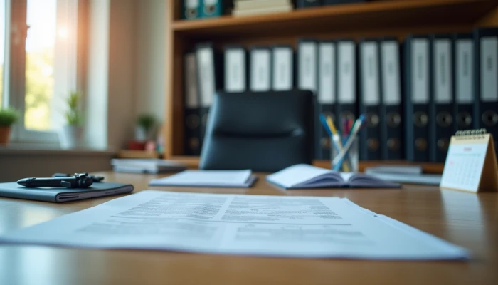 A well-organized office desk with cybersecurity documents