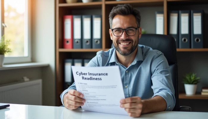 Small business owner reviewing cyber insurance readiness checklist in their office