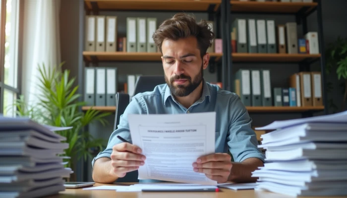 A small business owner reviewing a cyber insurance application at their desk