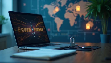 A modern office desk with a closed laptop, a sealed document folder, and abstract geometric shapes representing cybersecurity measures
