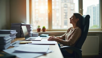 A person sitting at an organized desk in a well-lit office