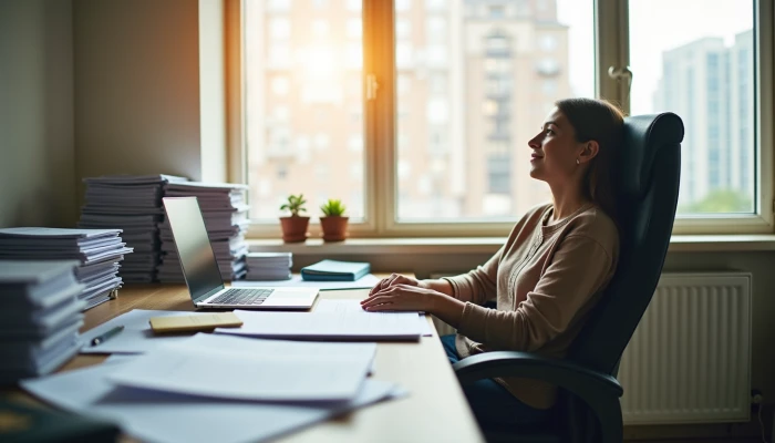 A person sitting at an organized desk in a well-lit office