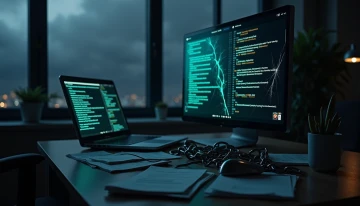 Office workspace with malfunctioning server, scattered documents, broken chain, and stormy weather through a window, suggesting data backup failure during a crisis.
